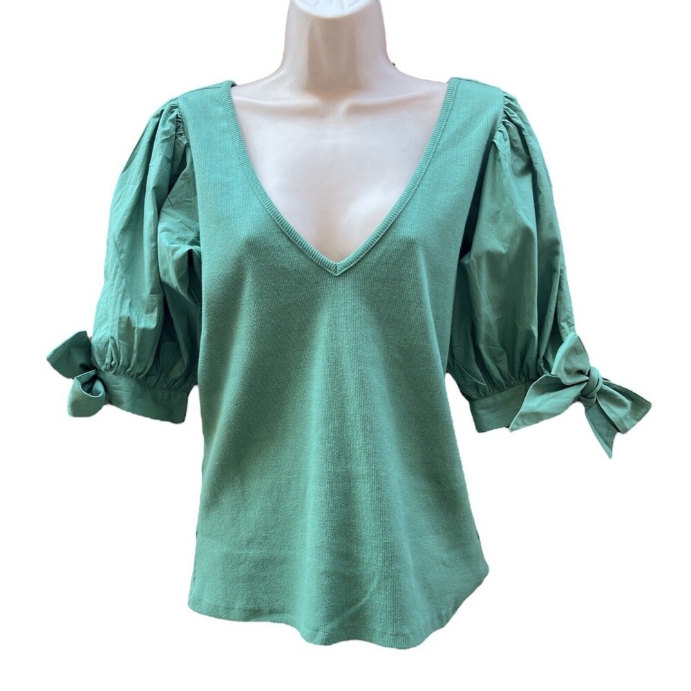 Anthropologie Mint Green V-Neck Puff Sleeve Tie Blouse